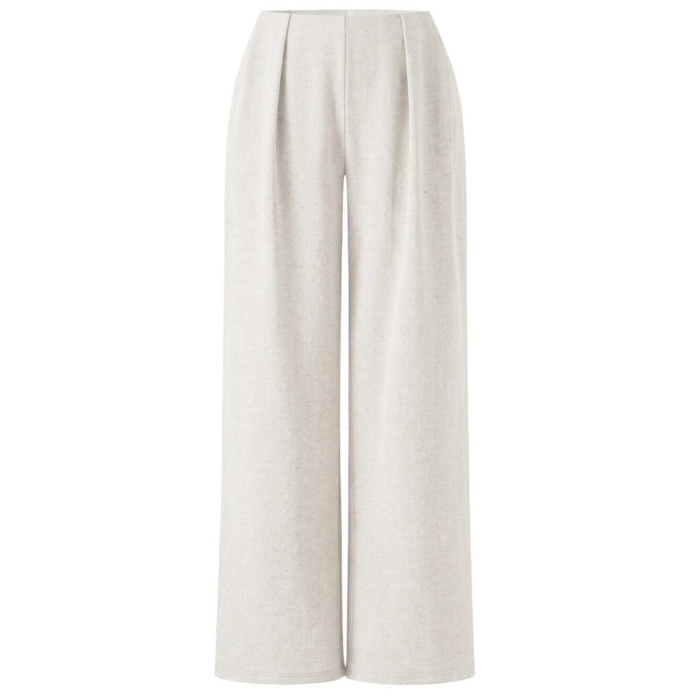 NWT OGL Airy Stretch Linen Wide Flare Pants M/P White Pleated High Waist Pockets - Picture 6 of 11